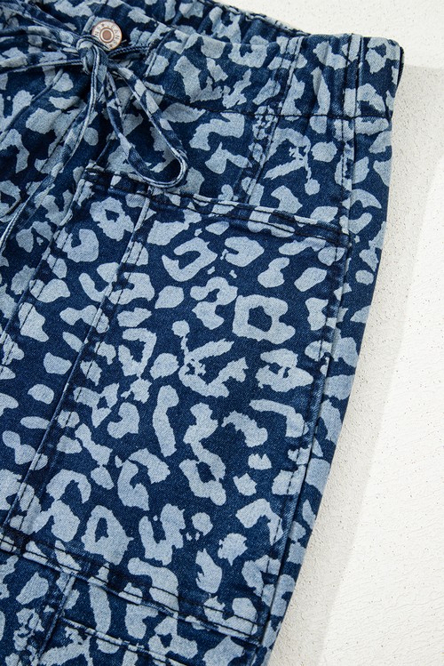 Blue Leopard Printed Drawstring Elastic Waistband Pocketed Wide Leg Jeans
