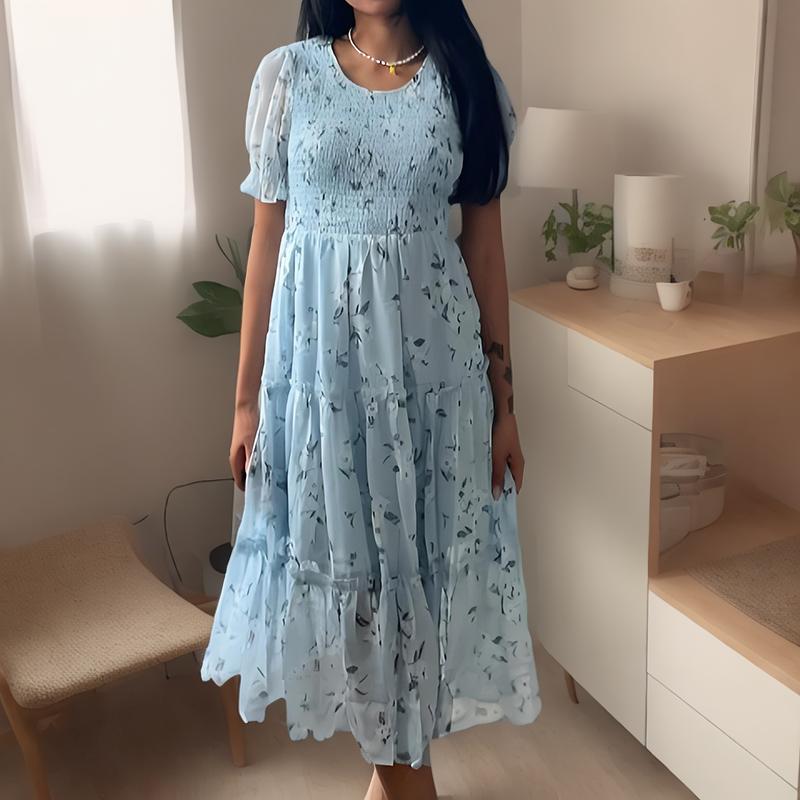 Gentle Light Blue Floral Short Sleeve Round Neck Halter Dress