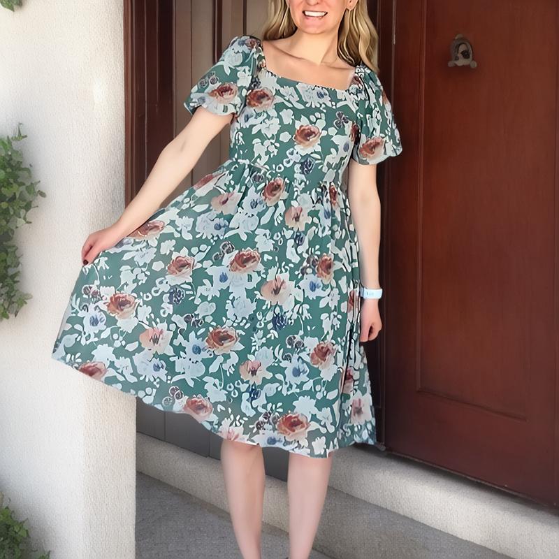 Classic Green Floral Short Sleeve Square Neck Midi Dress