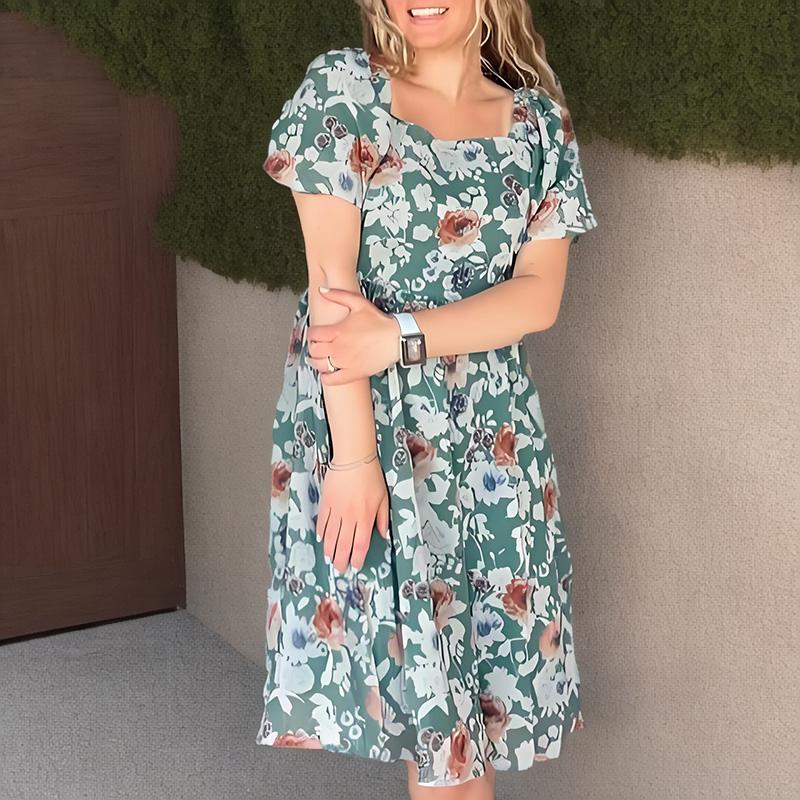 Classic Green Floral Short Sleeve Square Neck Midi Dress