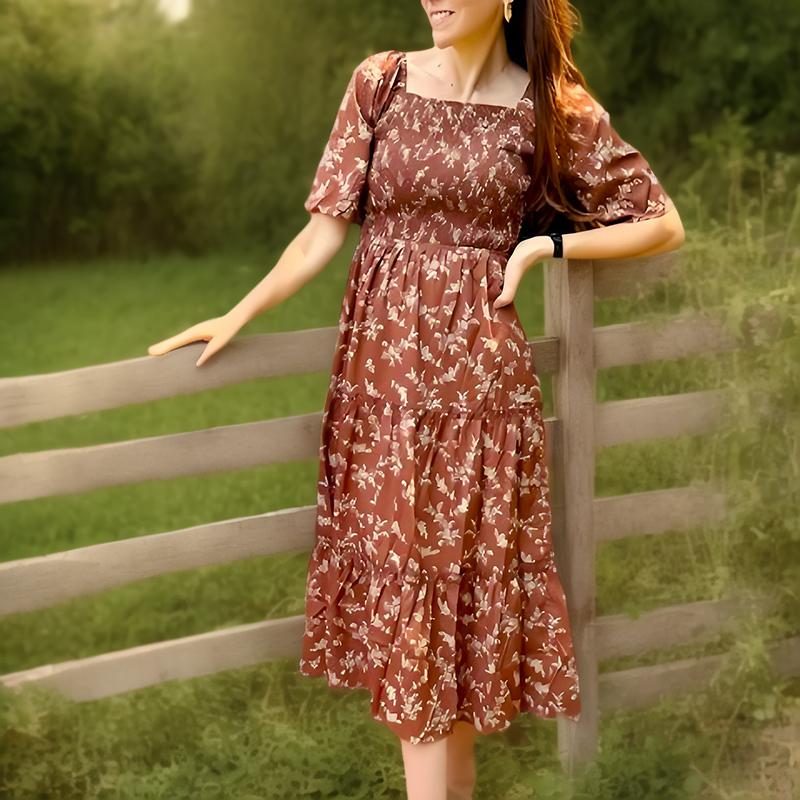 New Lady Mocha Crushed Floral Short Sleeve Square Neck Smocked A-Type Tiered Dress