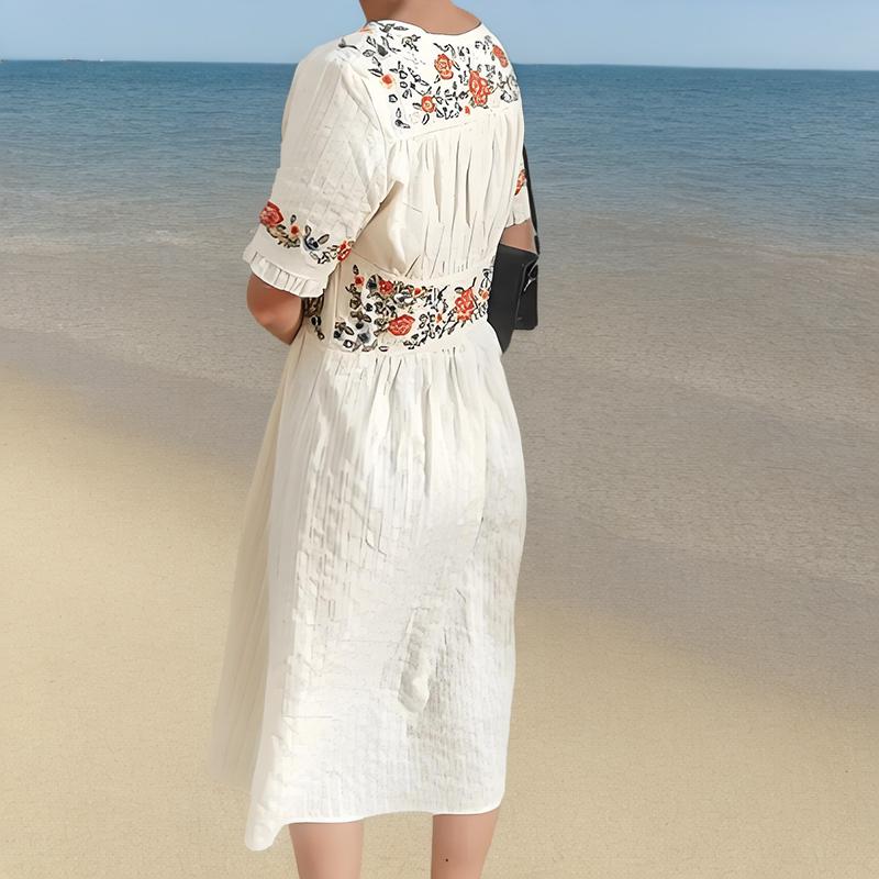 Women's Waist Slimming White Half Sleeve V-Neck Cotton Embroidered Halter Dress