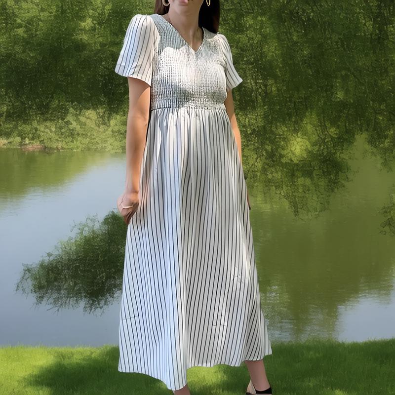 New Sensual Striped Short Sleeve V-Neck Trimmed Dress with Pockets