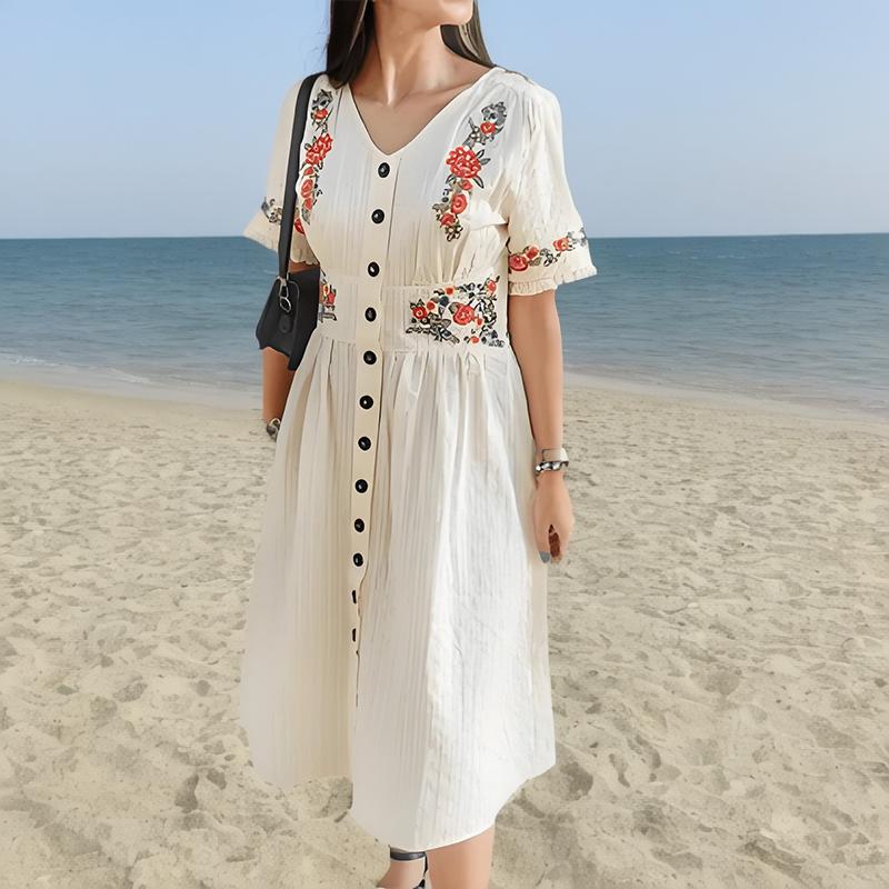 Women's Waist Slimming White Half Sleeve V-Neck Cotton Embroidered Halter Dress