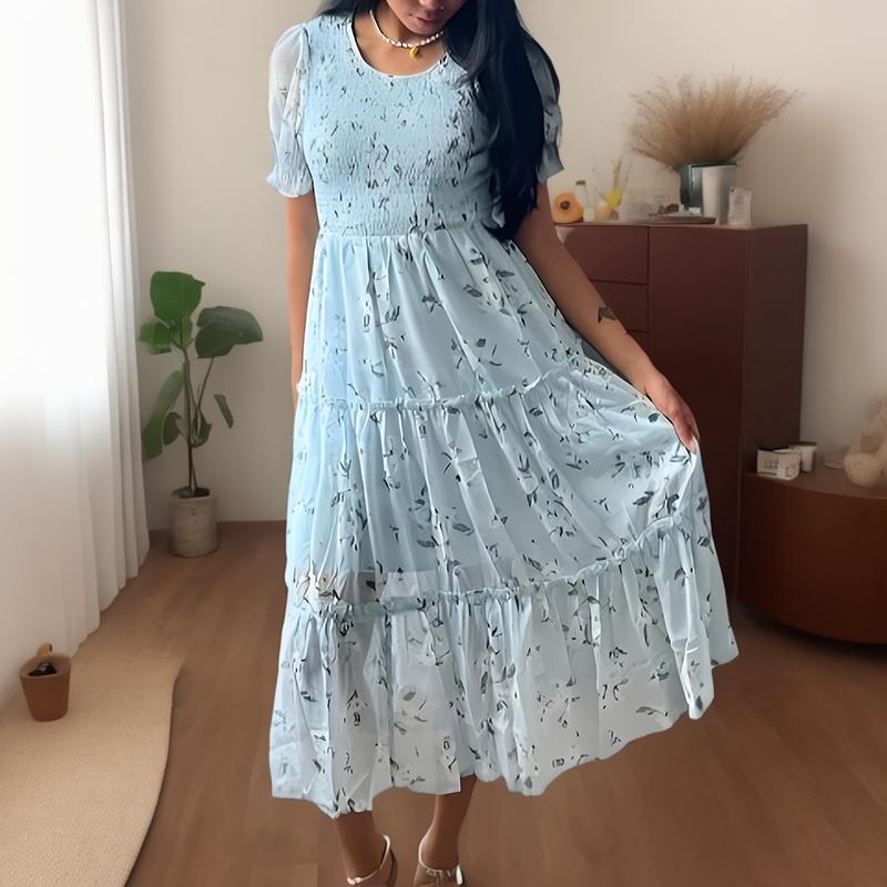 Gentle Light Blue Floral Short Sleeve Round Neck Halter Dress