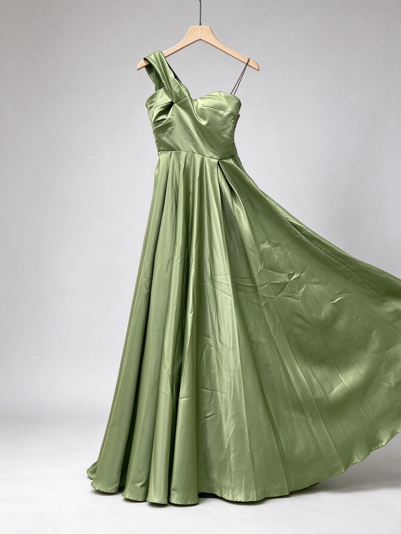 Emerald One Shoulder Flowy Evening Dress