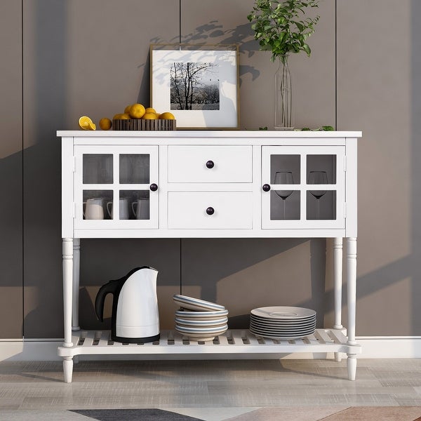 Farmhouse Distressed Sideboard Buffet Console Table with 2 Glass Front Cabinets, 2 Drawers and Slatted Bottom Shelf