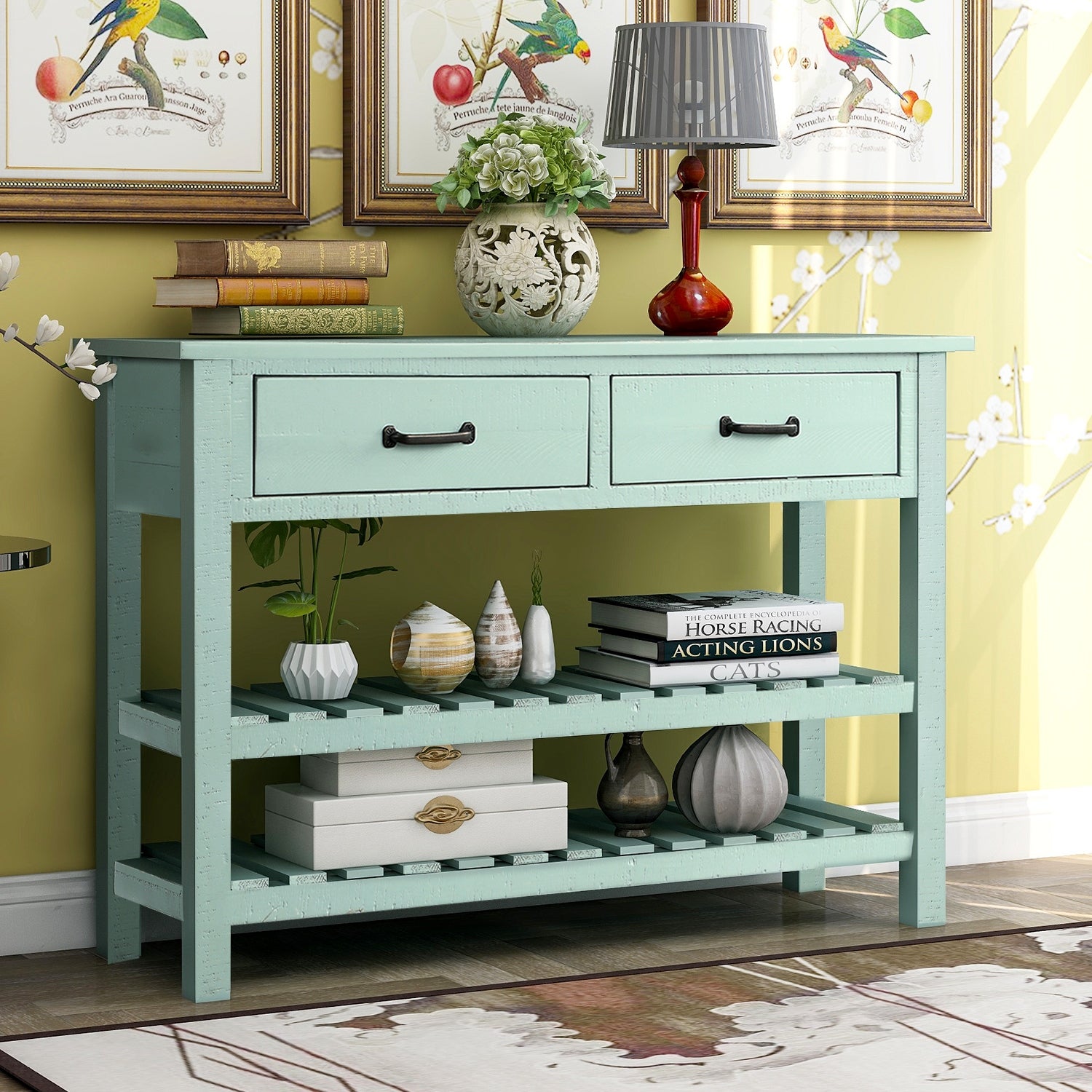 Retro Console Table for Entryway with Drawers and Shelf, Antique Blue