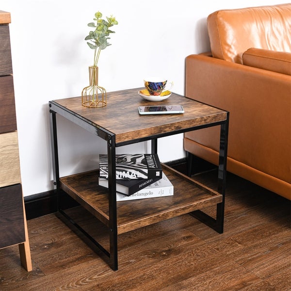 2-tiers Storage Shelf Sofa Table Antique Brown Square Coffee Table with Metal Frame Side Table for Living Room,Bedroom