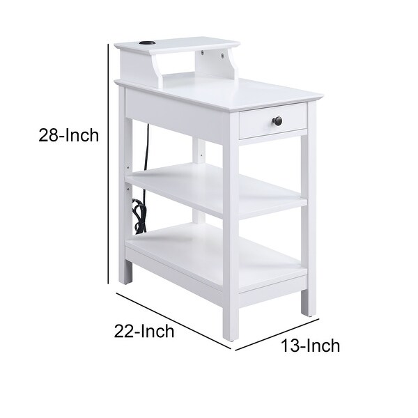 Wooden Frame Side Table with 3 Open Compartments and 1 Drawer, White - 28 H x 22 W x 13 L