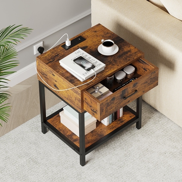 Nightstand-Bedside Table with Charging Station Type-CandUSB Ports, Modern End Table