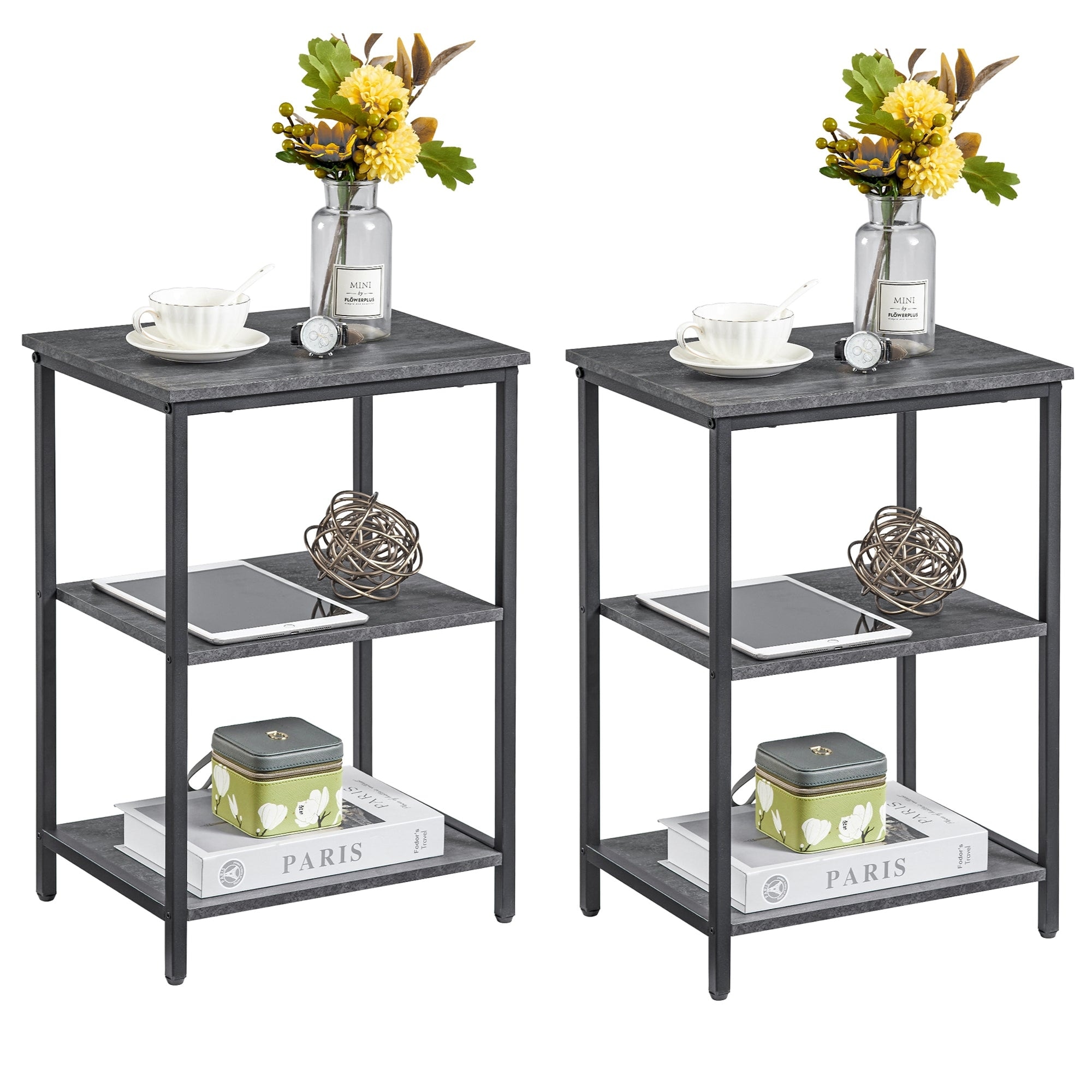 Set of 2 End Table With Wood Storage Shelf, 3-Tier Bedside Sofa Side End Table Storage Display Shelf