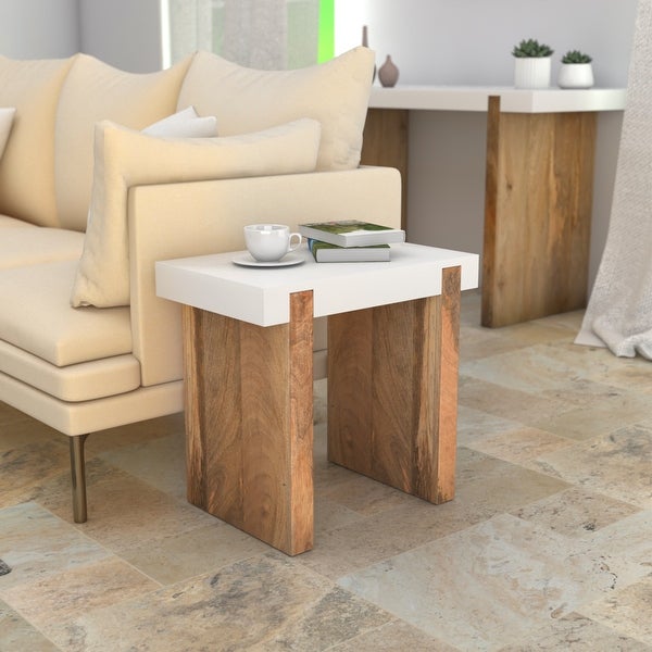 Kerry 20 Inch Rectangular End Side Table, Mango Wood, Sled Base, Glossy White, Natural Brown