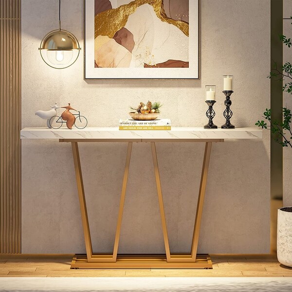 Faux Marble Wooden Console Table for Hallway, Entrance, White and Gold