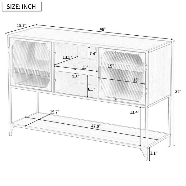 48 in. Barnwood Rectangle Wood Console Table with Metal Grid Door and 3 Thicken Shelves