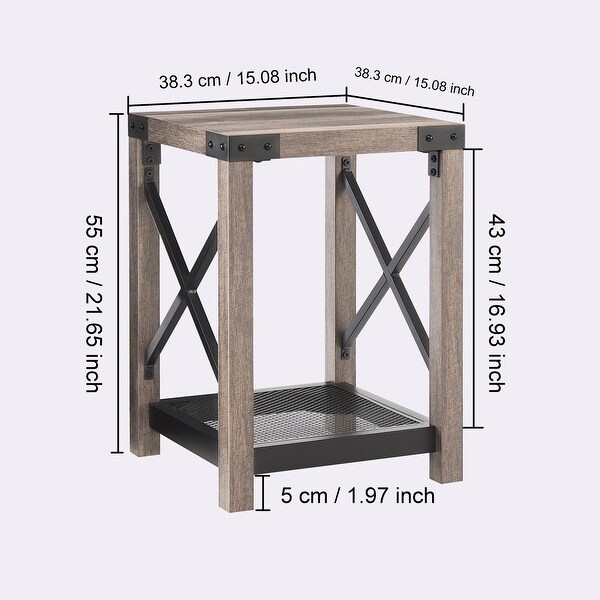 Farmhouse Wood Side Table with Mesh Shelf