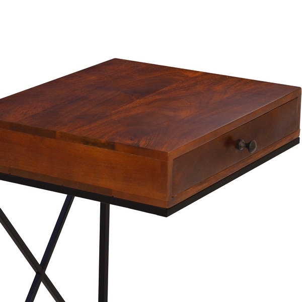 Wooden Sofa Side Table with 1 Drawer and Metal Frame, Brown and Black