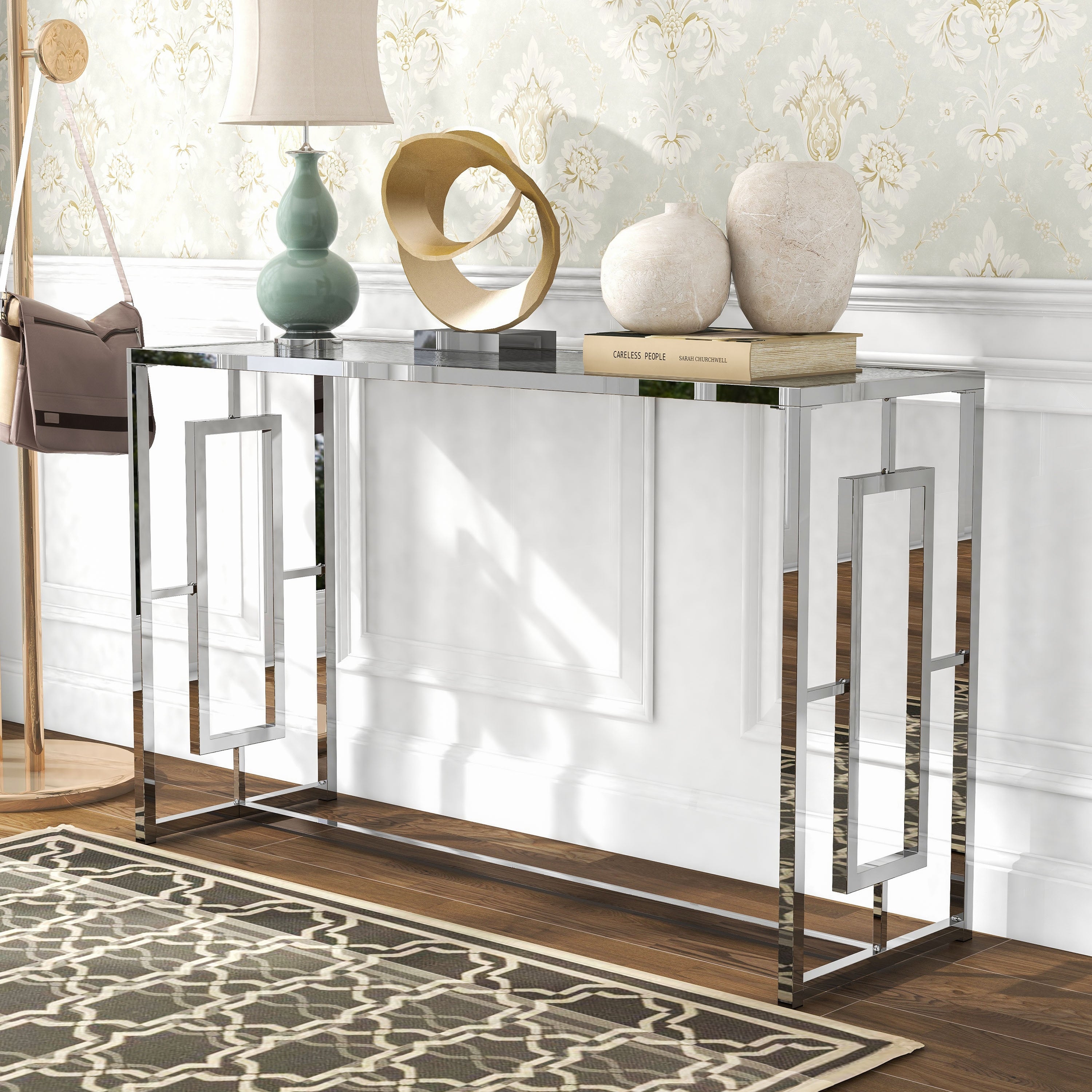 Glitterati Chrome and Ripple Glass Sofa Table by Furniture of America