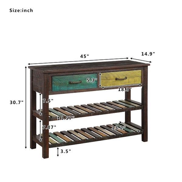 Retro Simplicity Console Table with 2 Drawers and 2 Open Shelfs, Entryway Table with Distressed Finish for Entryway Living Room