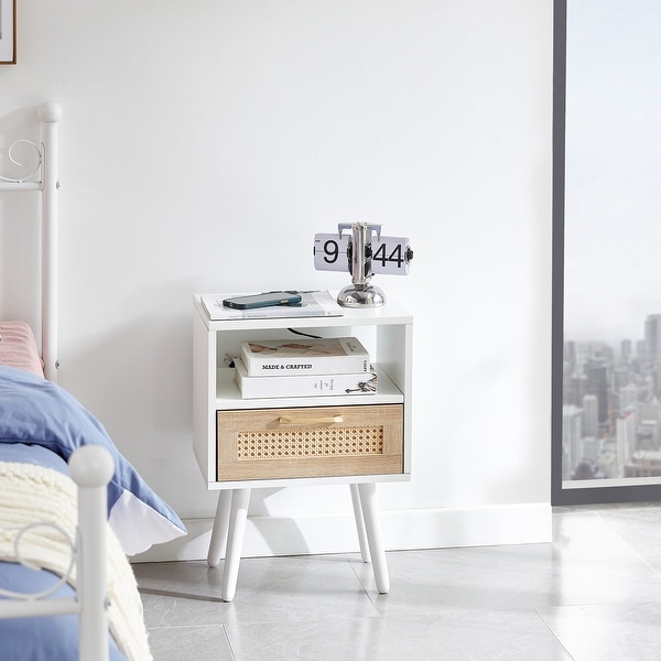Modern Side table with Drawer and Solid Wood Legs,Rattan Nightstand with Power Outlet and USB Ports