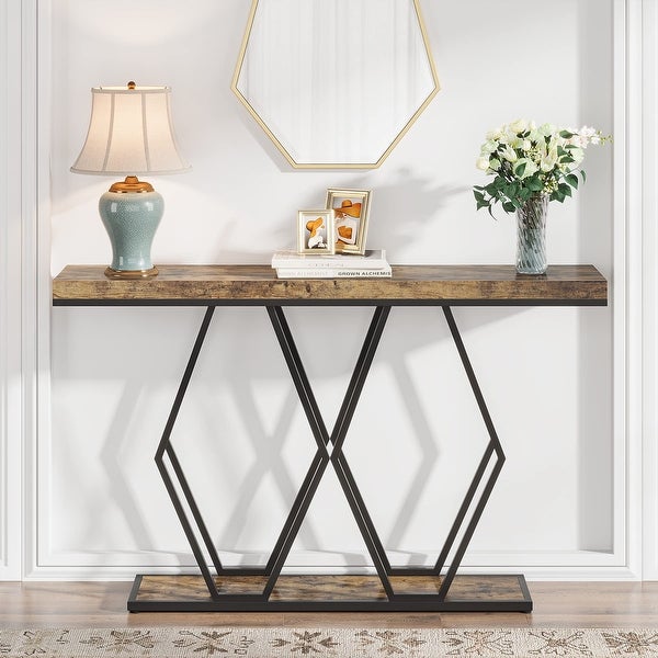 55 Inch Gold Console Table, Modern Entryway Sofa Table with Fuax Marble Finish