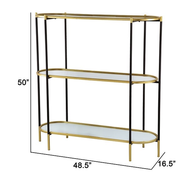 50 Inch Console Table, 3 Tier, Oblong Shaped Mirrored Top, Gold Iron Frame
