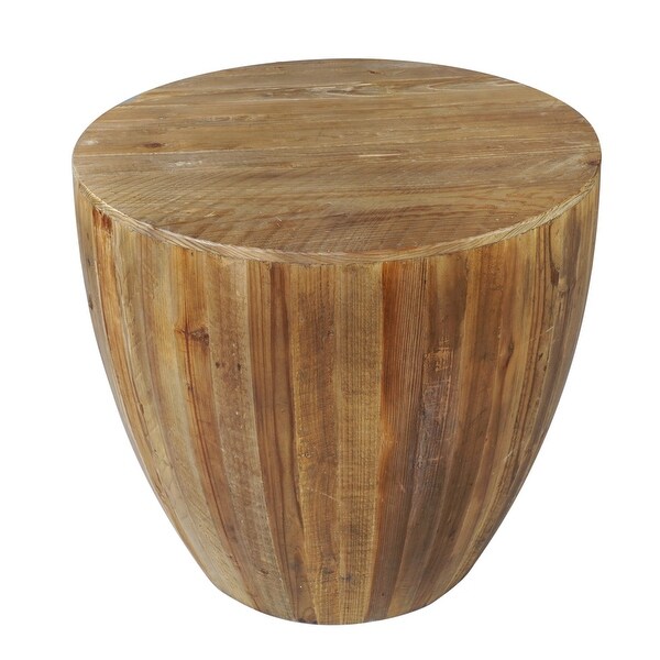 26 Inch Side End Table, Recycled Fir Wood, Round Drum Shape, Walnut Brown