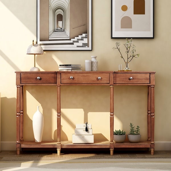 Solid Wood Console Table, Entryway Table with Storage Shelf and Drawer
