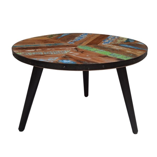 17 Inch Industrial Side Table, Reclaimed Wood, Round Multi Tone Top, Iron Trim, Brown, Black - 22 L x 22 W x 16.5 H Inches