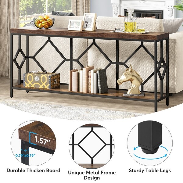 71 Inch Extra Long Console Table, Industrial Narrow Sofa Table Entry Table Behind Couch Table with Open Storage Shelf