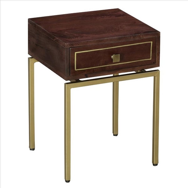 Bedside Table with 1 Drawer and Tubular Metal Legs, Brown and Brass - Brown and Brass - 22 H x 16 W x 15 L Inches