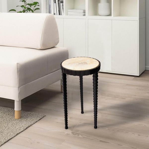 22 Inch Round Wooden Side Table with Tapered Tripod Base, Brown and Black - 21