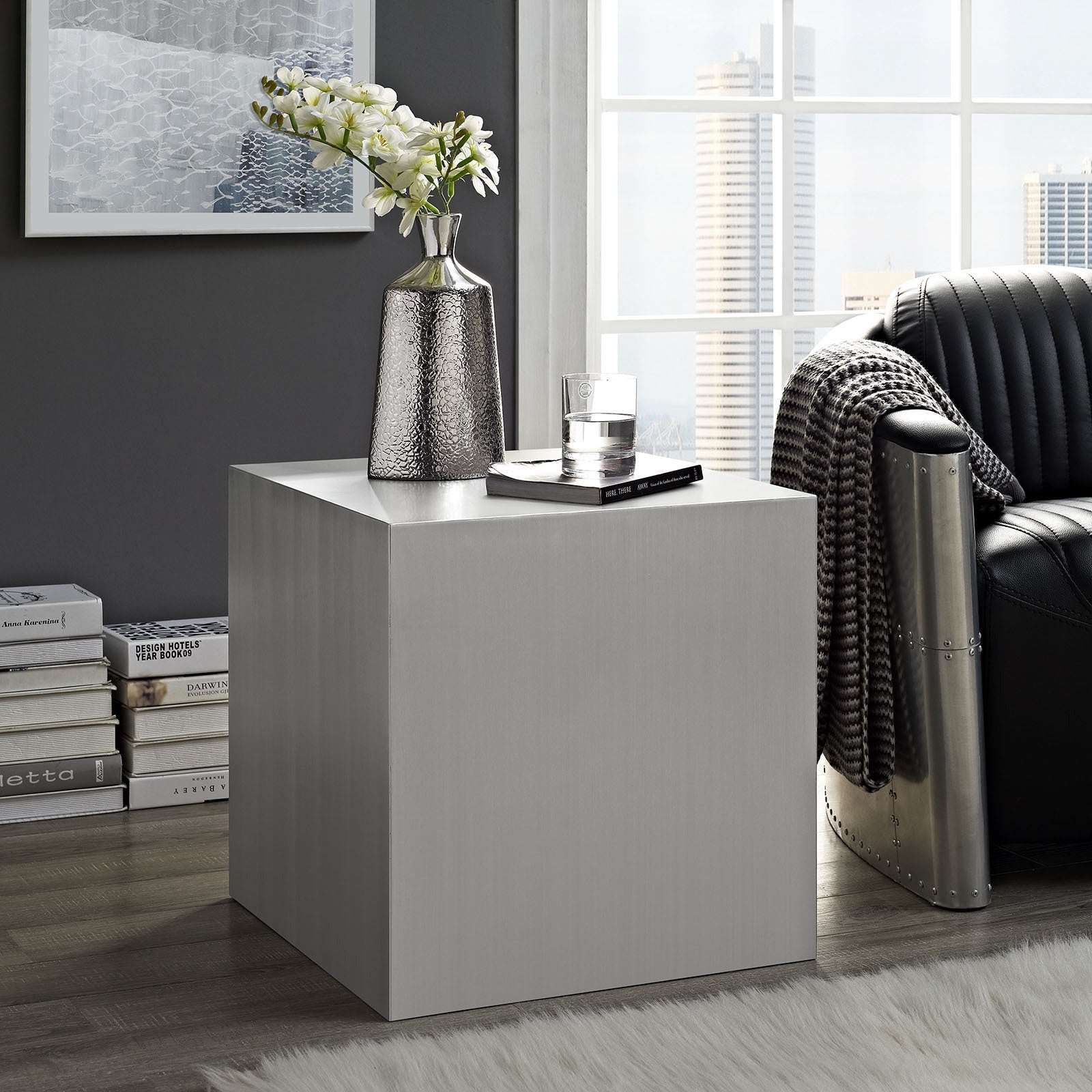 Modern Cube Stainless Steel Side Table, Silver
