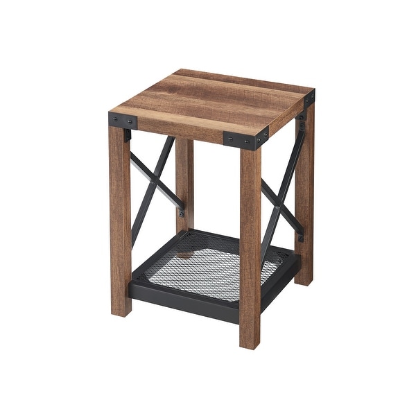 Farmhouse Wood Side Table, Nightstand with Mesh Shelf