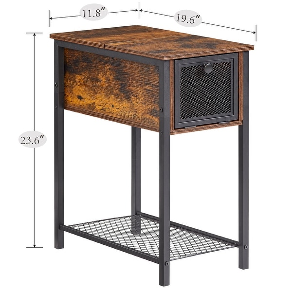 Set of 2 Flip Top Side Table with 1-Drawer and Steel Mesh Shelf ,Slim Sofa Table, Rustic Brown