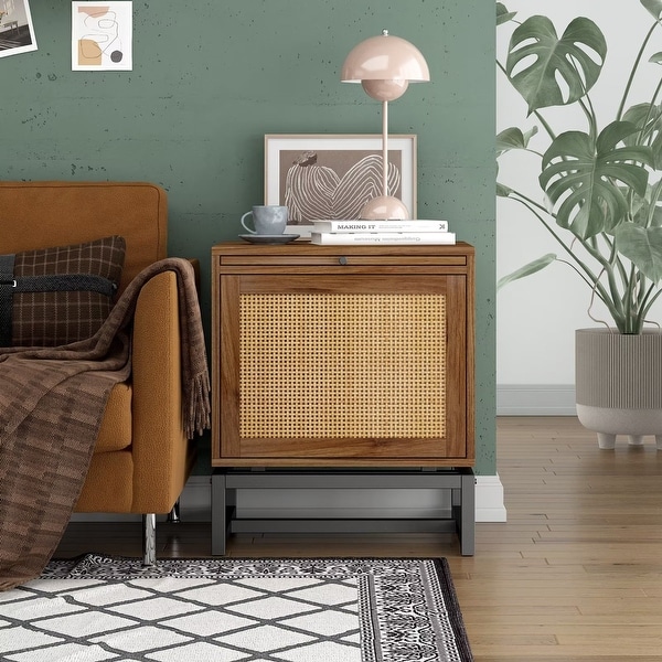 Natural 1 Rattan Door Cabinet, End Table, Sofa Side Table, Nightstand with Adjustable Pull Plate and Metal Base