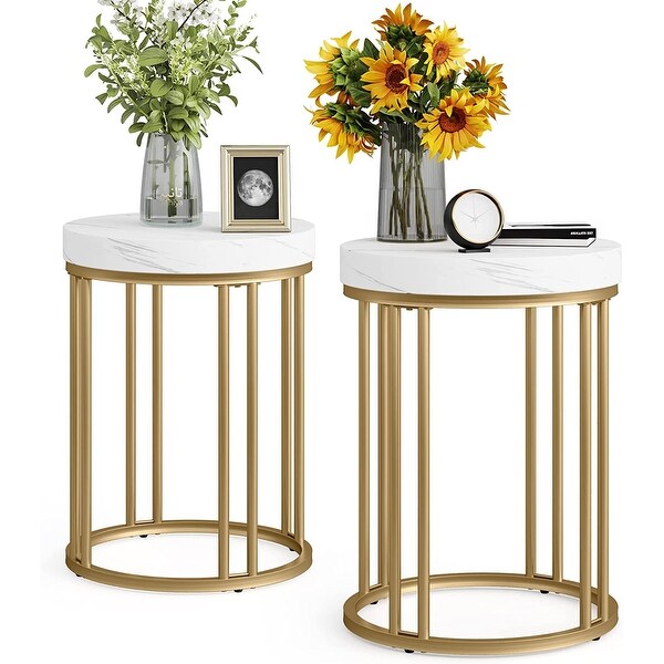White Gold Round End Table, Modern Bedside Nightstand Faux Marble Top