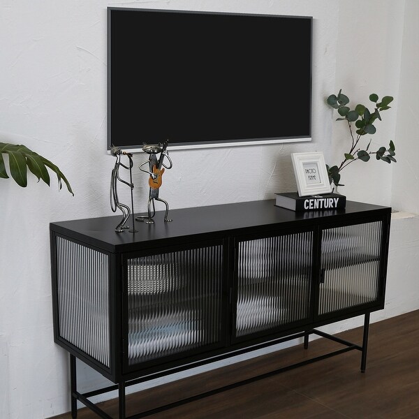 TV Console Table with Enclosed Storage, Wide Countertop Glass Doors, Detachable Shelves