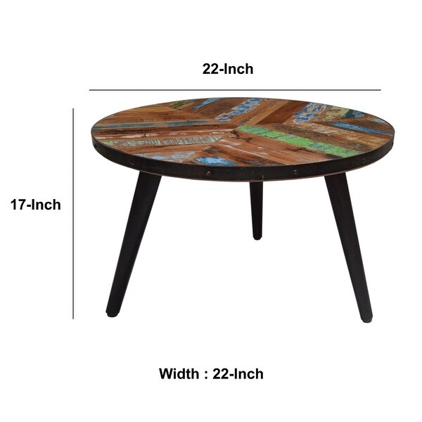 17 Inch Industrial Side Table, Reclaimed Wood, Round Multi Tone Top, Iron Trim, Brown, Black - 22 L x 22 W x 16.5 H Inches