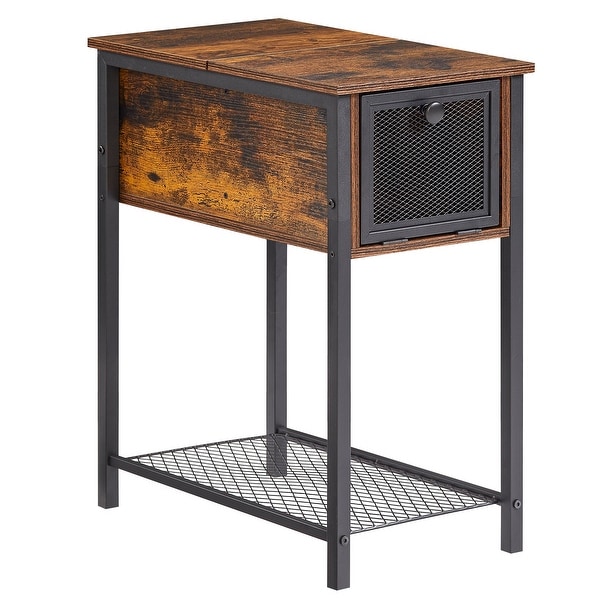 Set of 2 Flip Top Side Table with 1-Drawer and Steel Mesh Shelf ,Slim Sofa Table, Rustic Brown