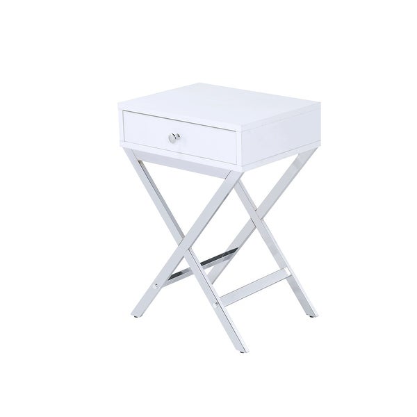 Modern Coleen Side Table with 1 Drawer, White and Chrome