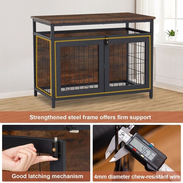 Dog Crate Furniture with Double Doors, Wooden Dog Crate, Indoor Dog Kennel w/ Metal Wire Mesh, Pet Crate End Table