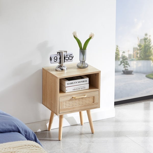 Modern Rattan Side table/Nightstand with 1 Shelf,1 drawer and 4 Solid Wood Legs