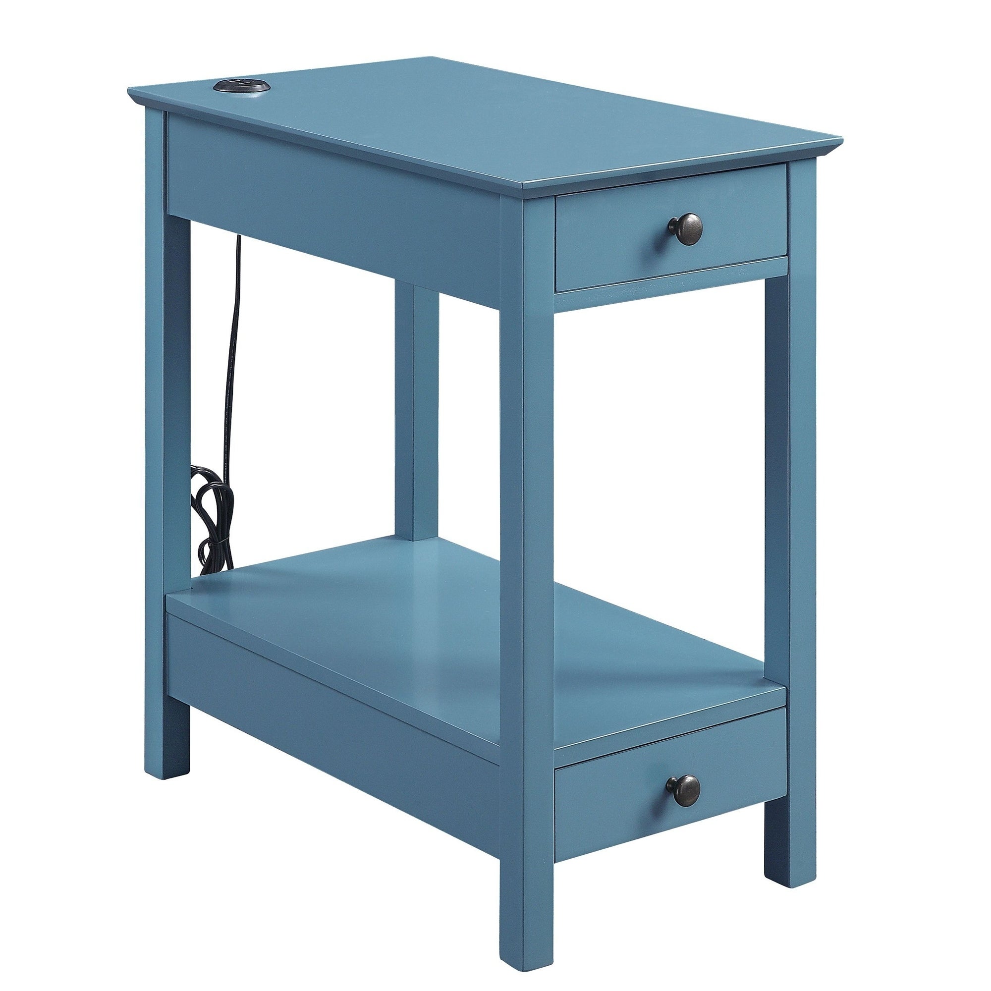 Wooden Frame Side Table with 2 Drawers and 1 Bottom Shelf, Teal Blue