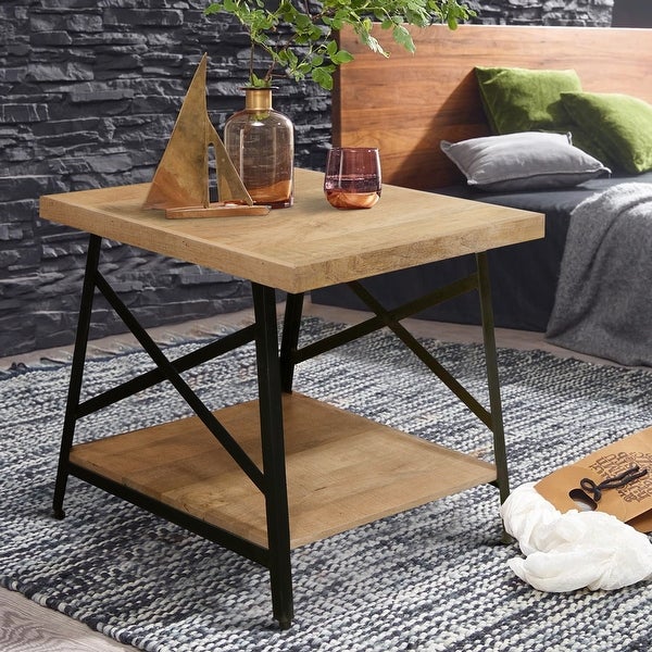 Rectangle Side Table with Open Bottom Shelf and Metal Legs, Brown and Gray