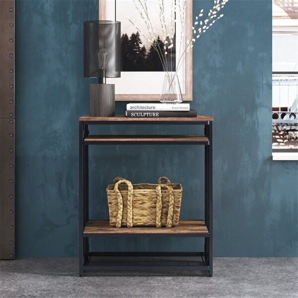 Side Table Foldable Sofa Table W/ Wood Top, Console Table, Antique Oak