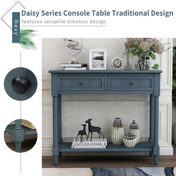 Console Table with 2 Drawers and Bottom Shelf Acacia Mangiu, Navy