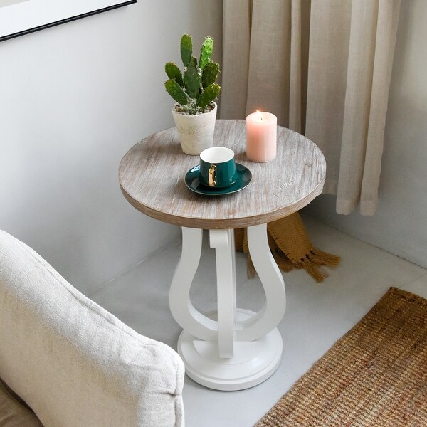 Farmhouse Round End Table, Rustic Wood Side Table for Living Room/Bedroom, White/Natural