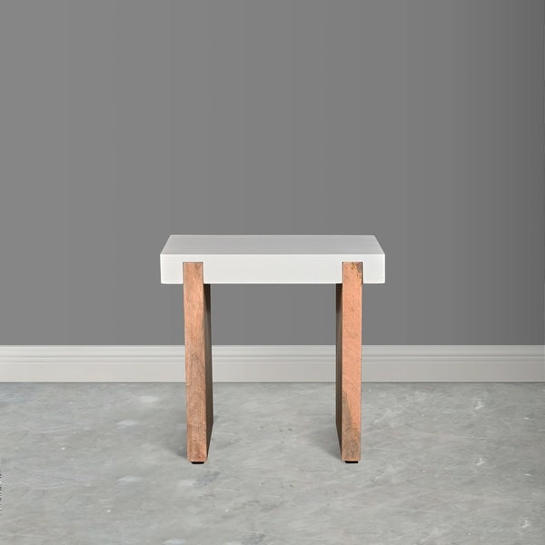 Kerry 20 Inch Rectangular End Side Table, Mango Wood, Sled Base, Glossy White, Natural Brown