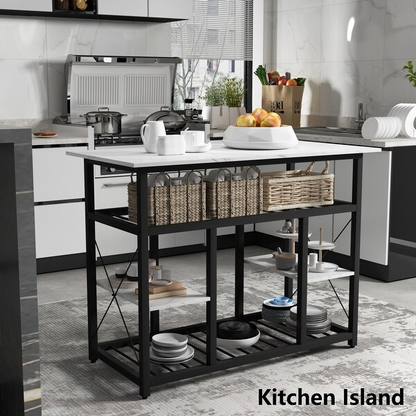 Kitchen Island with 4 Open Shelves(2 Side Shelves) and Wood Surface, Multifunctional Counter Height Prep Table, Marble